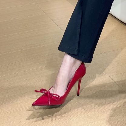 Leather Patent Bow Pumps Pointed Toe Stiletto