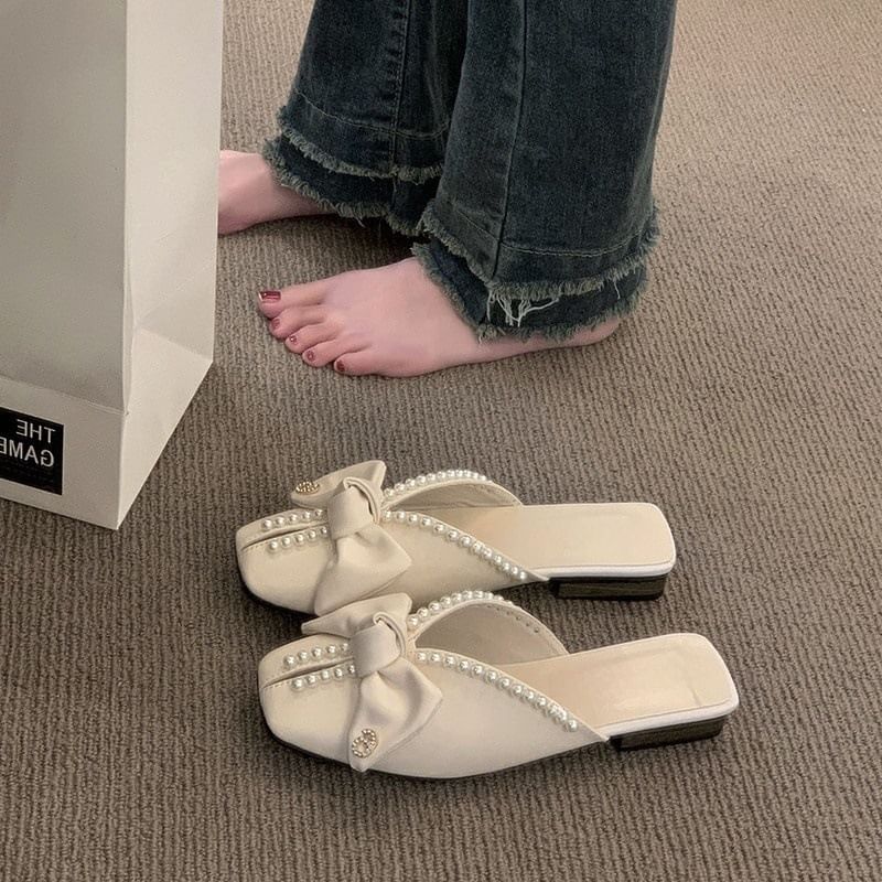 Faux Square Toe Pearl Bow Mules
