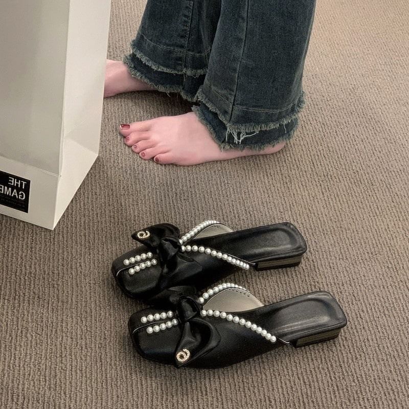 Faux Square Toe Pearl Bow Mules
