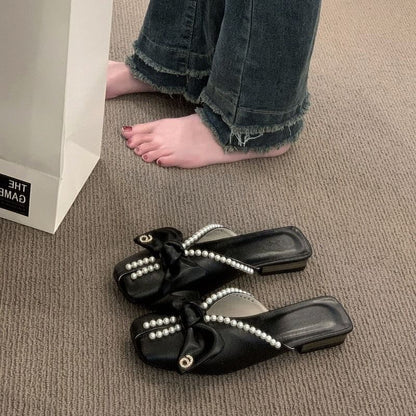 Faux Square Toe Pearl Bow Mules