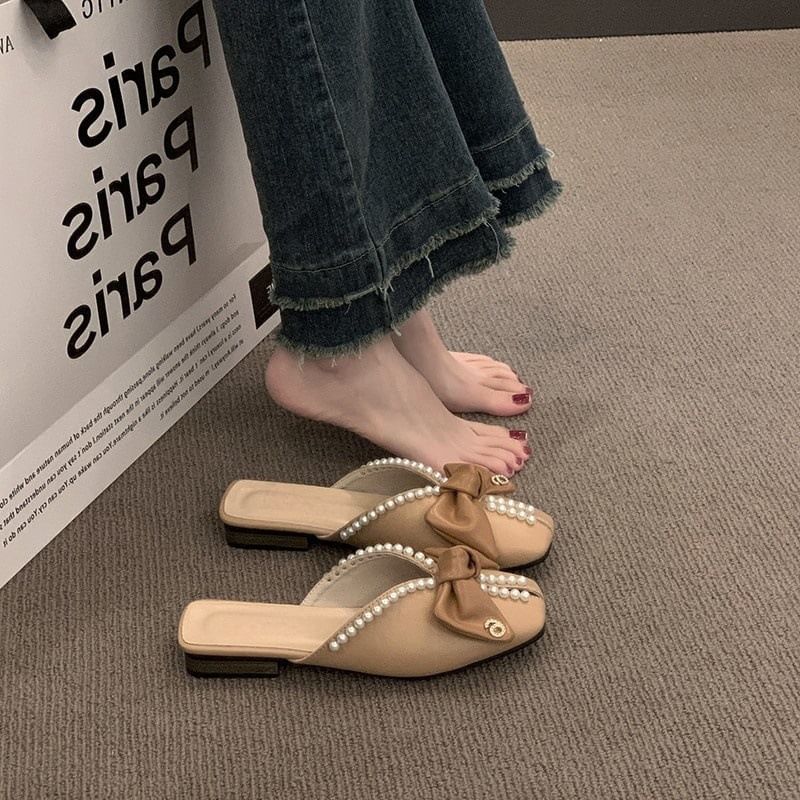 Faux Square Toe Pearl Bow Mules