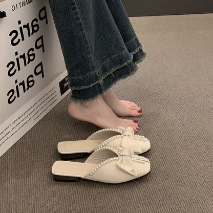 Faux Square Toe Pearl Bow Mules