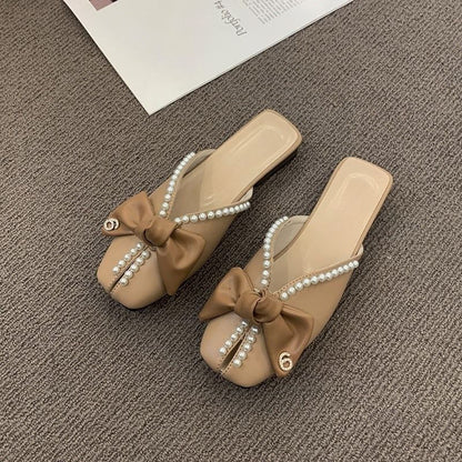 Faux Square Toe Pearl Bow Mules