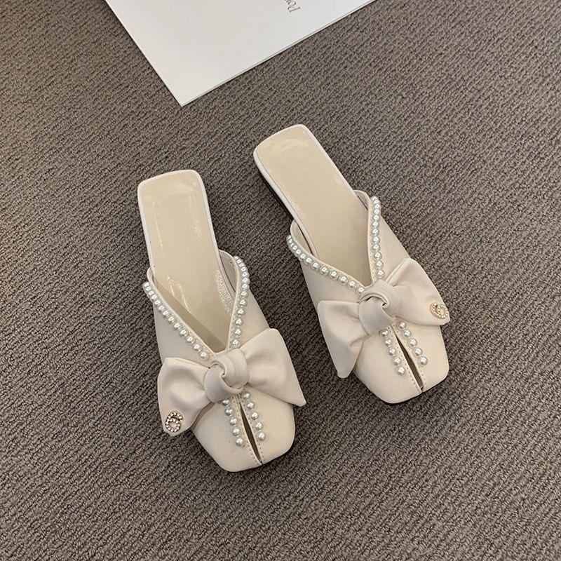 Faux Square Toe Pearl Bow Mules