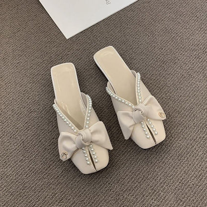 Faux Square Toe Pearl Bow Mules
