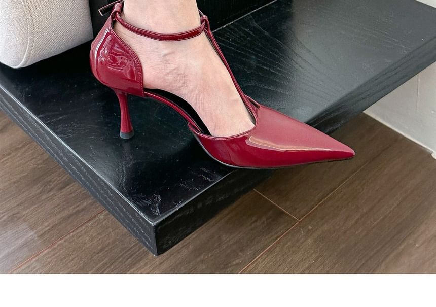 Leather Patent D'Orsay Pumps Stiletto Toe T-Strap Pointed
