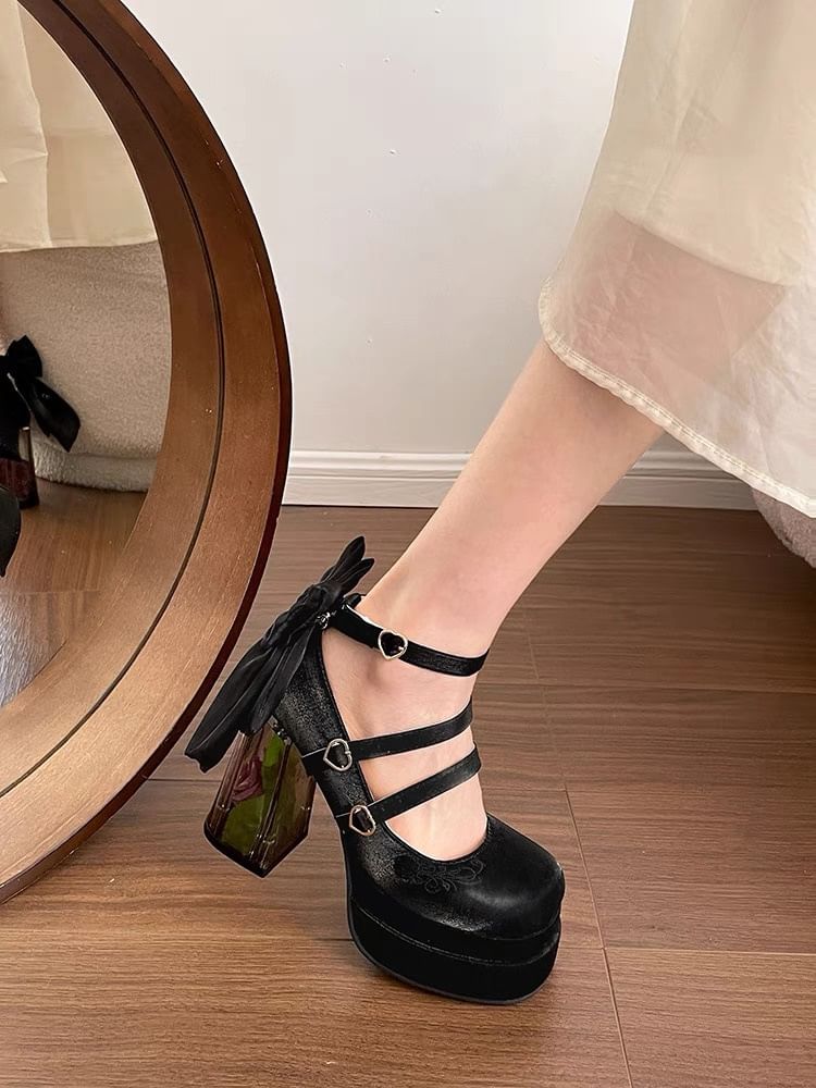 Floral Pumps Jane Mary Heel Platform Block Bow
