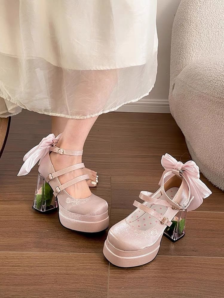 Floral Pumps Jane Mary Heel Platform Block Bow