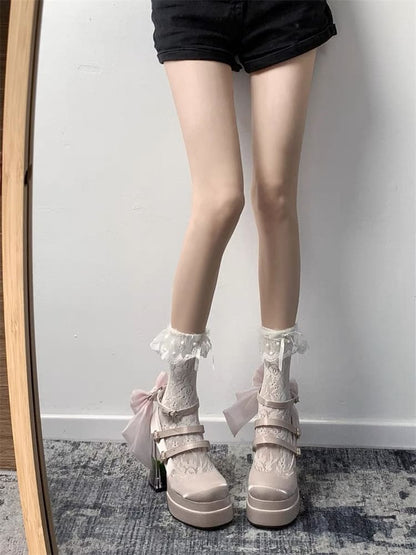 Floral Pumps Jane Mary Heel Platform Block Bow