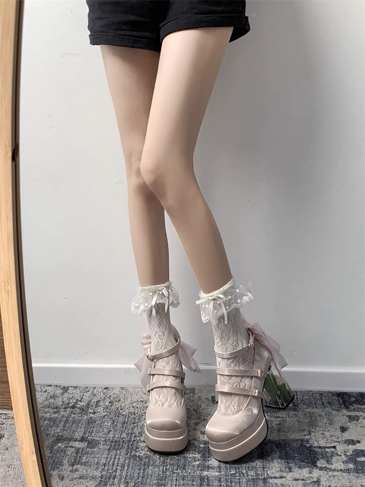 Floral Pumps Jane Mary Heel Platform Block Bow