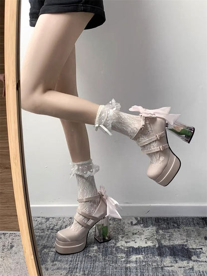 Floral Pumps Jane Mary Heel Platform Block Bow