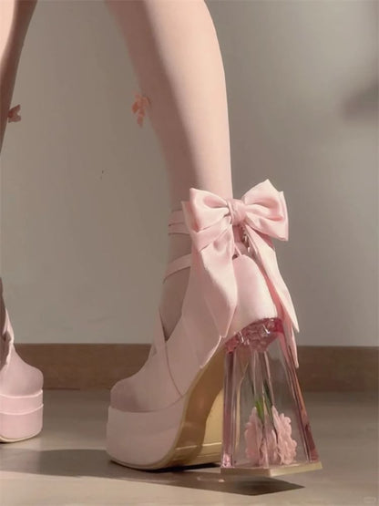 Floral Pumps Jane Mary Heel Platform Block Bow