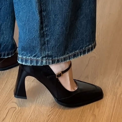 Panel Jane Heel Mary Pumps Block Toe Square