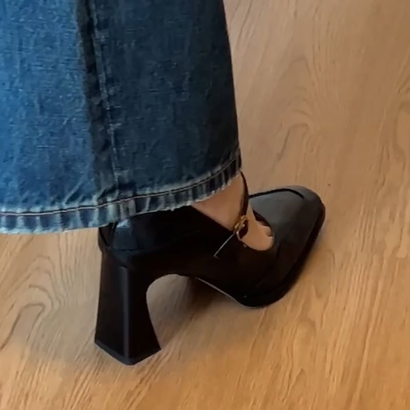 Panel Jane Heel Mary Pumps Block Toe Square