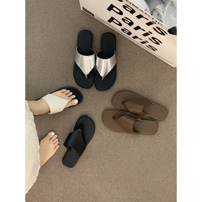 Slide Thong Leather Sandals Faux
