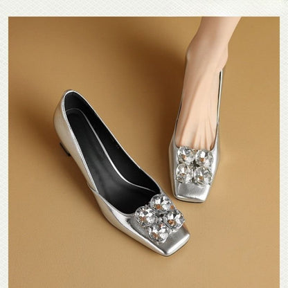 Pumps Rhinestone Heel Block Square Toe