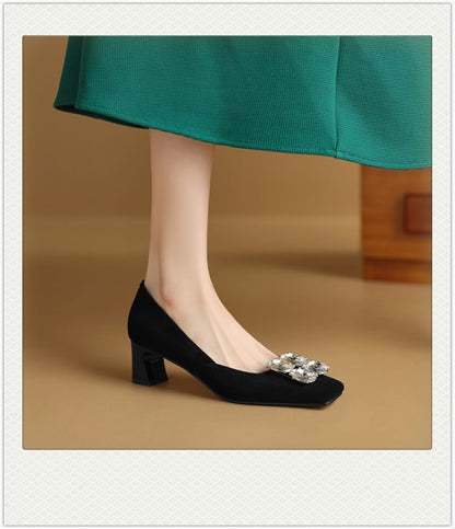 Pumps Rhinestone Heel Block Square Toe