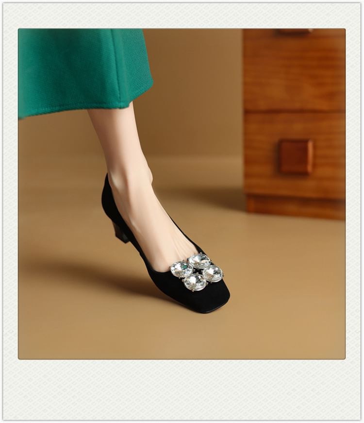 Pumps Rhinestone Heel Block Square Toe