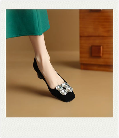 Pumps Rhinestone Heel Block Square Toe