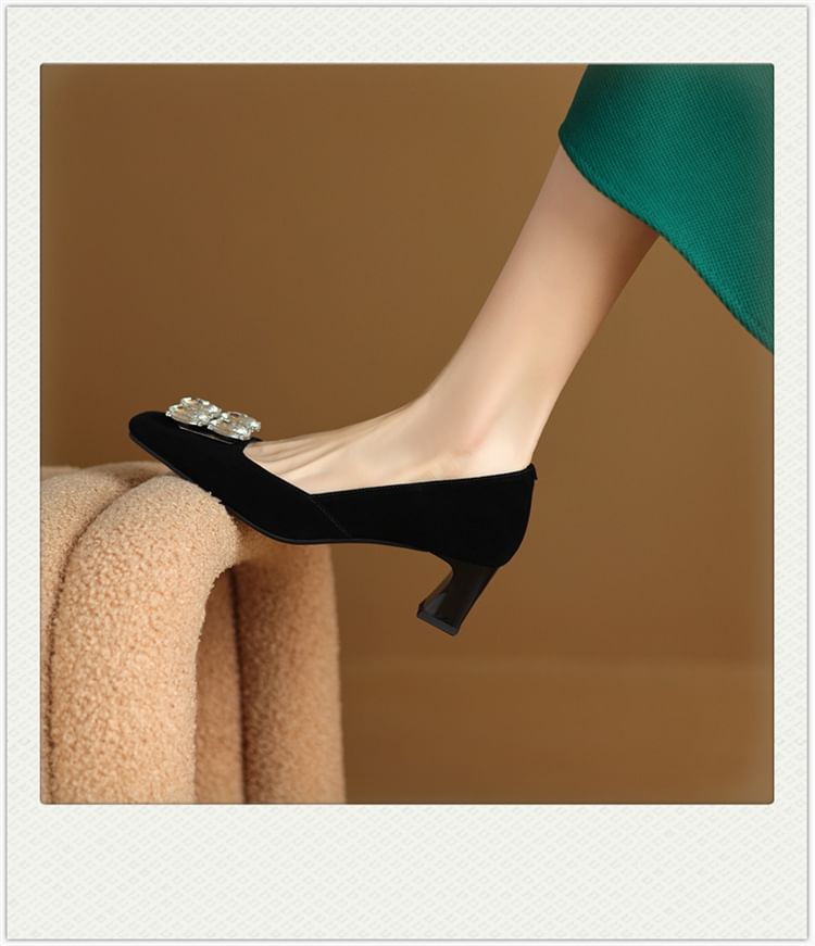 Pumps Rhinestone Heel Block Square Toe