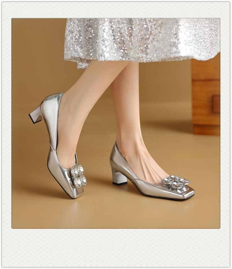 Pumps Rhinestone Heel Block Square Toe