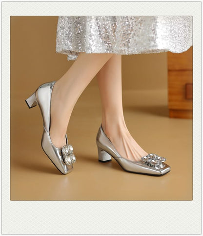 Pumps Rhinestone Heel Block Square Toe