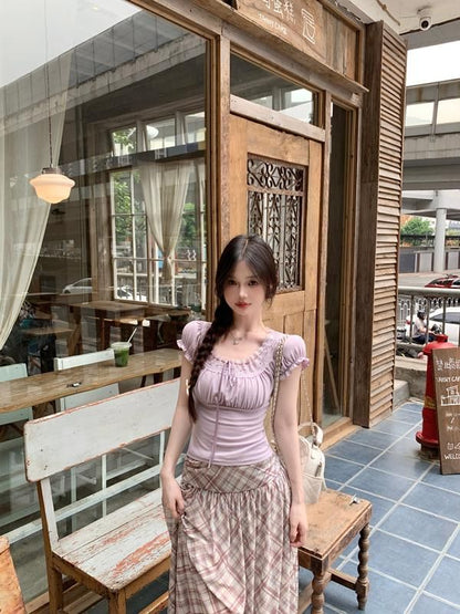 Short-Sleeve Tee Square Neck Fit Lace Trim Plain Slim Bow