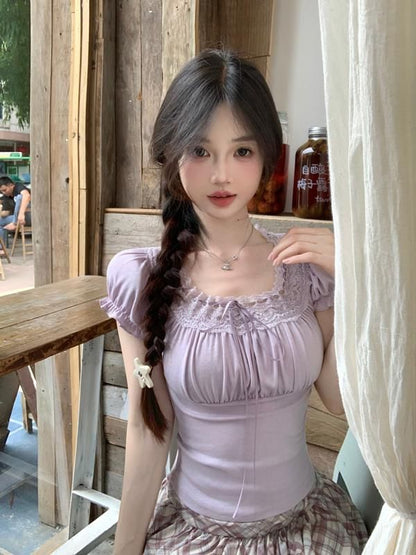 Short-Sleeve Tee Square Neck Fit Lace Trim Plain Slim Bow