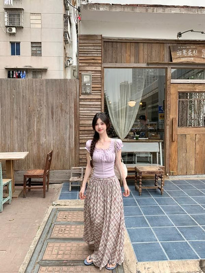 Short-Sleeve Tee Square Neck Fit Lace Trim Plain Slim Bow