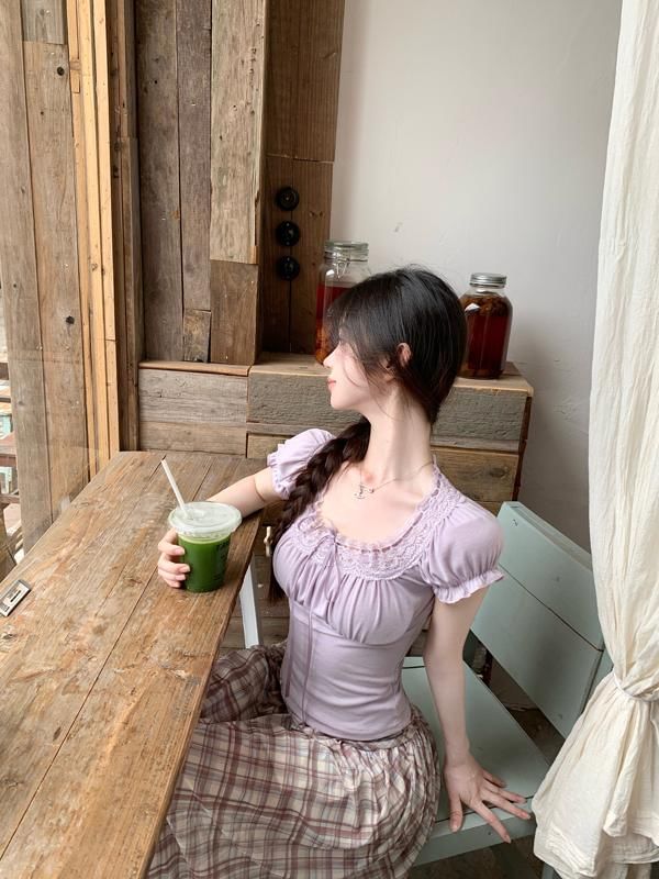 Short-Sleeve Tee Square Neck Fit Lace Trim Plain Slim Bow