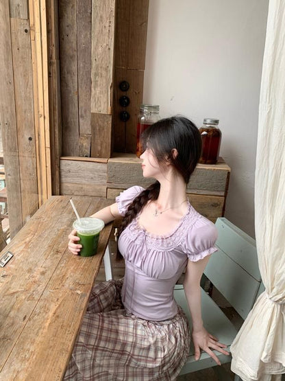 Short-Sleeve Tee Square Neck Fit Lace Trim Plain Slim Bow