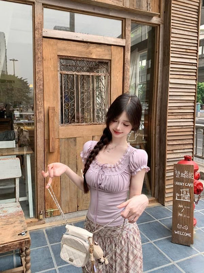 Short-Sleeve Tee Square Neck Fit Lace Trim Plain Slim Bow