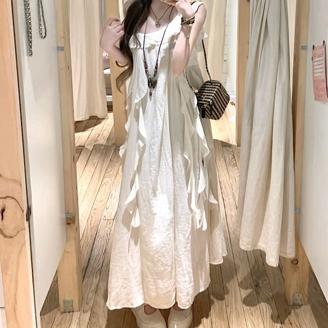 Dress Plain Sleeveless Trim Midi A-Line Asymmetrical Ruffle