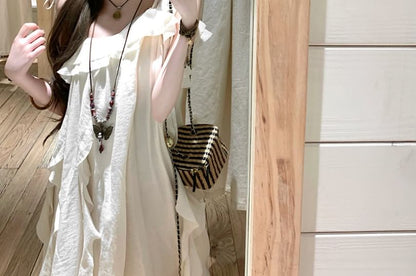 Dress Plain Sleeveless Trim Midi A-Line Asymmetrical Ruffle