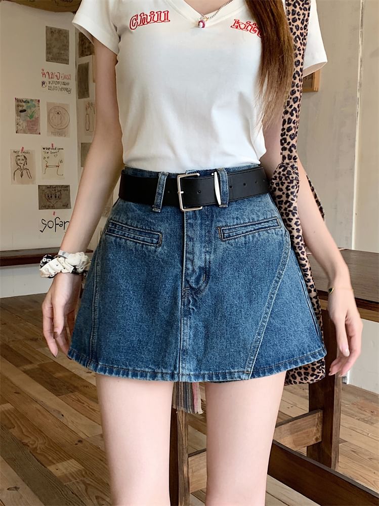 Waist Denim Asymmetrical Belt Set: Skort + High