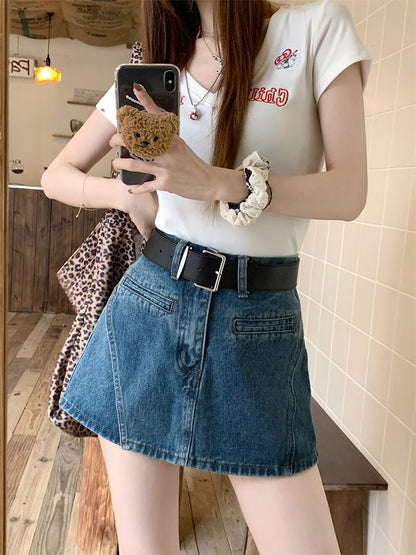 Waist Denim Asymmetrical Belt Set: Skort + High