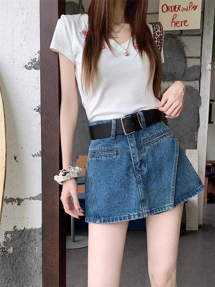 Waist Denim Asymmetrical Belt Set: Skort + High