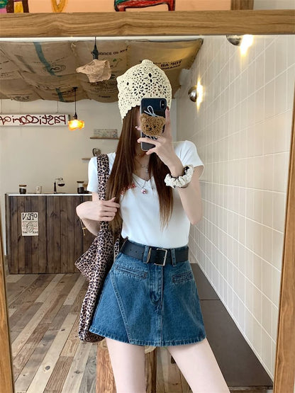 Waist Denim Asymmetrical Belt Set: Skort + High