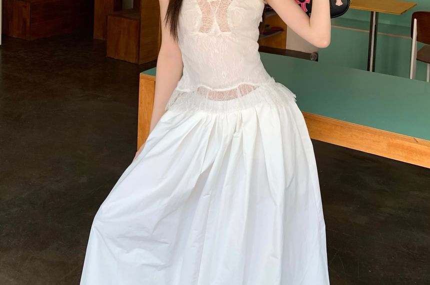 Maxi Tank Rise High / Fit Panel A-Line Slim Plain Skirt Lace Top