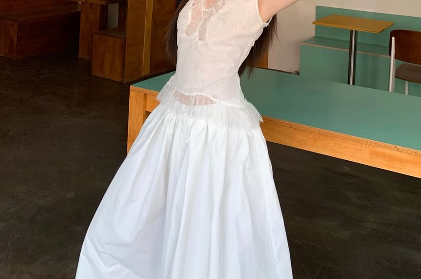 Maxi Tank Rise High / Fit Panel A-Line Slim Plain Skirt Lace Top