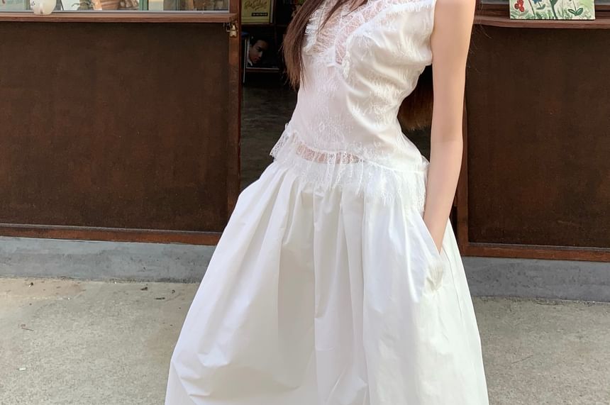 Maxi Tank Rise High / Fit Panel A-Line Slim Plain Skirt Lace Top