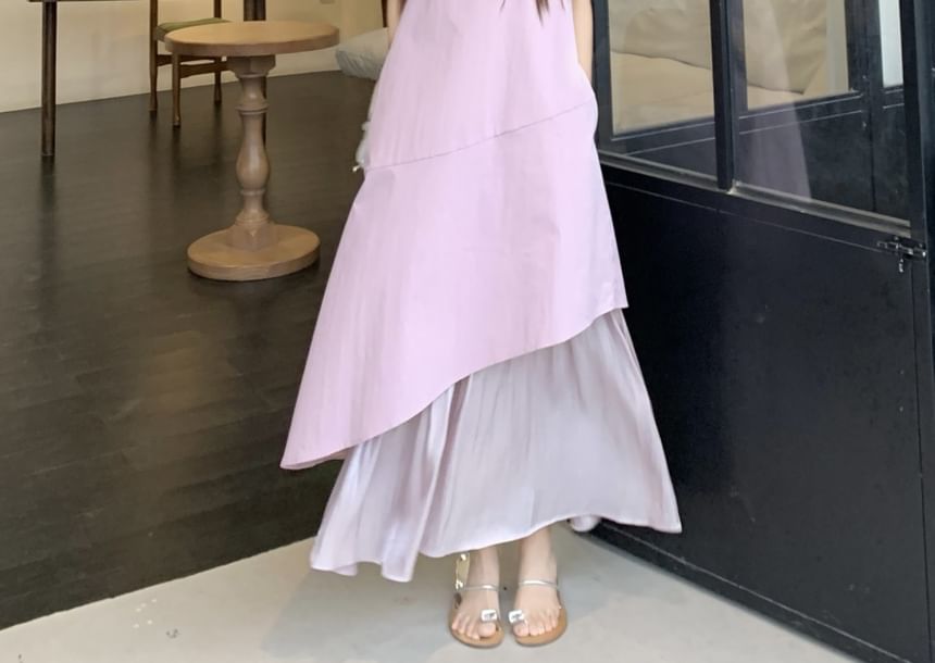 Neck Paneled Square A-Line Midi Dress Sleeveless Asymmetrical