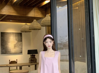 Neck Paneled Square A-Line Midi Dress Sleeveless Asymmetrical