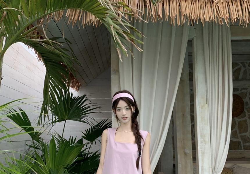 Neck Paneled Square A-Line Midi Dress Sleeveless Asymmetrical