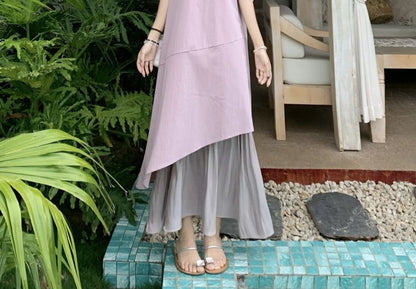 Neck Paneled Square A-Line Midi Dress Sleeveless Asymmetrical