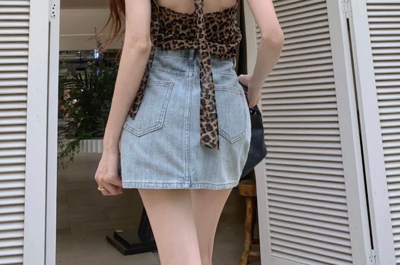 Striped Mini High Skirt Pencil Rhinestone Rise Denim