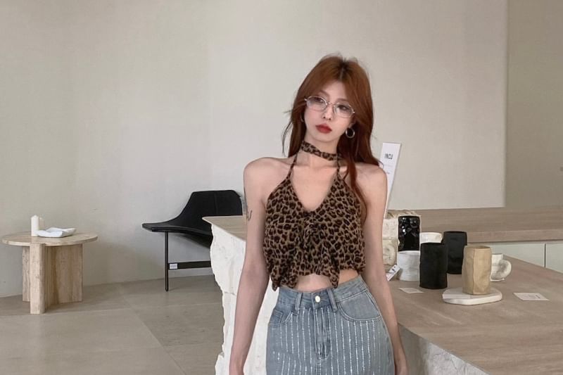 Striped Mini High Skirt Pencil Rhinestone Rise Denim