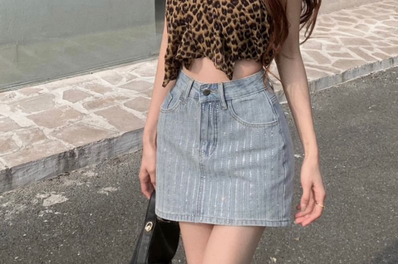 Striped Mini High Skirt Pencil Rhinestone Rise Denim
