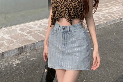 Striped Mini High Skirt Pencil Rhinestone Rise Denim