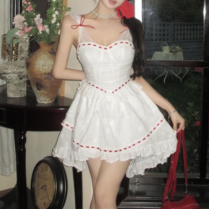 Two Tone Sleeveless Mini Bow Dress Corset Lace A-Line Panel